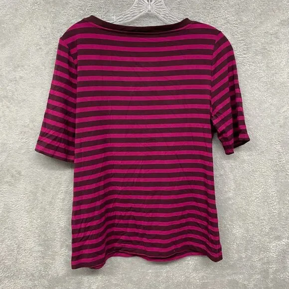 Talbots Shirt Womens Medium Pink Stripe Bow Tie Short Sleeve Pullover Stretch - Picture 6 of 9